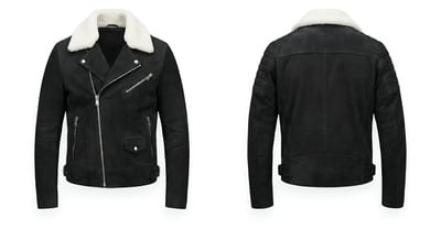 Crafted Leather Design Black Suede White Fur Bomber Jacket Motorcycle