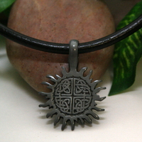 Celtic Sun Necklace – Black Leather Cord with Antique Pewter Celtic Sun Pendant - Thumbnail 1