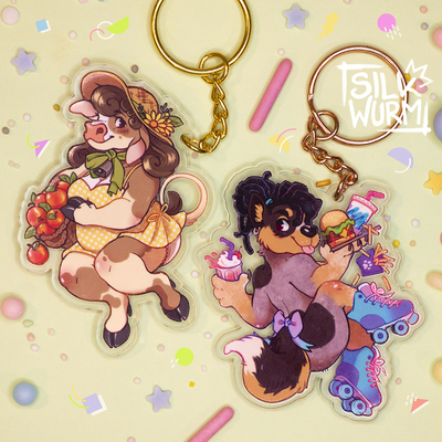 Roller Pup and Apple Picking Cow Keychains