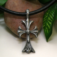 Ornate Cross Necklace – Black Leather Cord with Antique Pewter Cross Pendant - Thumbnail 1