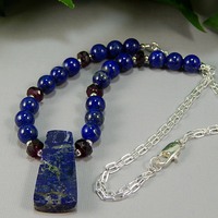Lapis Lazuli & Garnet Sterling Silver Necklace – Handmade Gemstone Jewelry - Thumbnail 2