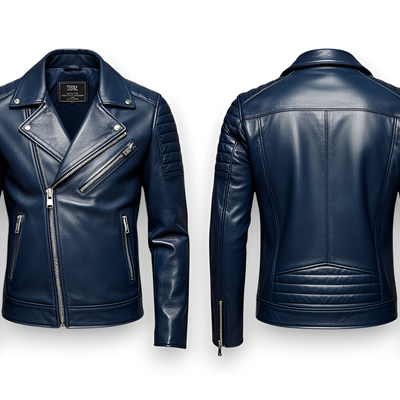 Crafted leather design blue leather fashion jacket motorcycle - Thumbnail 3