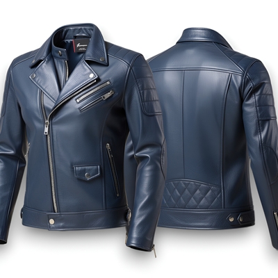 Crafted leather design blue leather fashion jacket motorcycle - Thumbnail 1