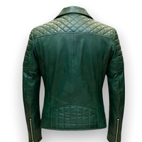 Crafted Leather Design Quilted Green Leather Fashion Jacket Motorcycle - Thumbnail 1
