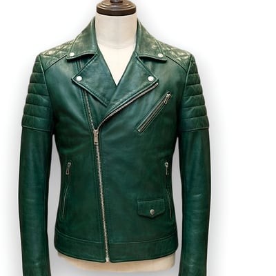 Crafted leather design quilted green leather fashion jacket motorcycle - Thumbnail 2