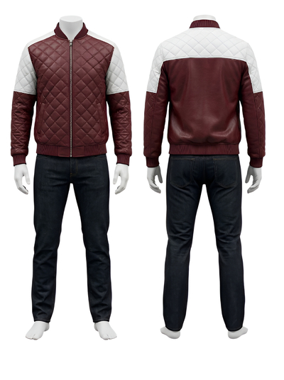 Crafted Leather Design Burgundy White Quilted Leather Fashion Jacket Motorcycle