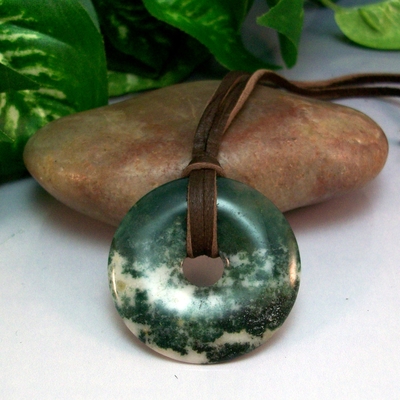 Adjustable tree agate leather necklace - handmade gemstone jewelry - Thumbnail 1