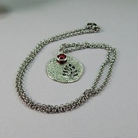 January Birthstone Leaf Pendant Necklace - Handmade Silver Leaf Cutout with Garnet Crystal Charm - Thumbnail 1