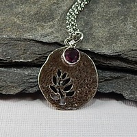 February Birthstone Leaf Pendant Necklace - Handmade Silver Leaf Cutout with Amethyst Crystal Charm - Thumbnail 1