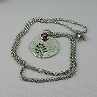 February Birthstone Leaf Pendant Necklace - Handmade Silver Leaf Cutout with Amethyst Crystal Charm - Thumbnail 1