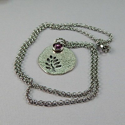 February birthstone leaf pendant necklace - handmade silver leaf cutout with amethyst crystal charm