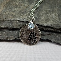 March Birthstone Leaf Pendant Necklace - Handmade Silver Leaf Cutout with Aquamarine Crystal Charm - Thumbnail 1