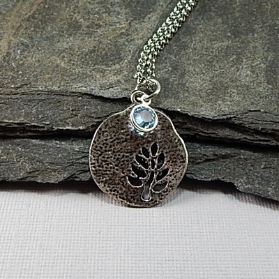 March birthstone leaf pendant necklace - handmade silver leaf cutout with aquamarine crystal charm - Thumbnail 5
