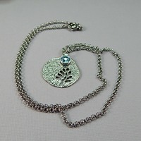 March Birthstone Leaf Pendant Necklace - Handmade Silver Leaf Cutout with Aquamarine Crystal Charm - Thumbnail 1