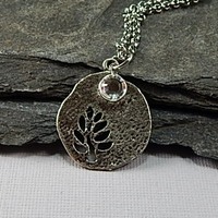 April Birthstone Leaf Pendant Necklace - Handmade Silver Leaf Cutout with Diamond Crystal Charm - Thumbnail 1