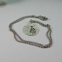April Birthstone Leaf Pendant Necklace - Handmade Silver Leaf Cutout with Diamond Crystal Charm - Thumbnail 1