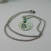 May Birthstone Leaf Pendant Necklace - Handmade Silver Leaf Cutout with Emerald Crystal Charm - Thumbnail 1