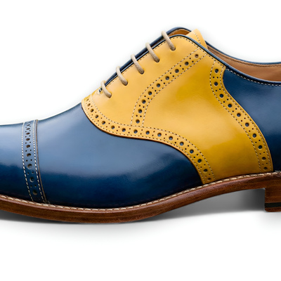 Crafted leather mens blue yellow leather lace up saddle golf shoes