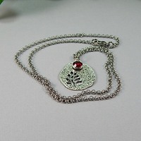 July Birthstone Leaf Pendant Necklace - Handmade Silver Leaf Cutout with Ruby Crystal Charm - Thumbnail 1