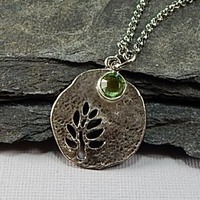 August Birthstone Leaf Pendant Necklace - Handmade Silver Leaf Cutout with Peridot Crystal Charm - Thumbnail 1
