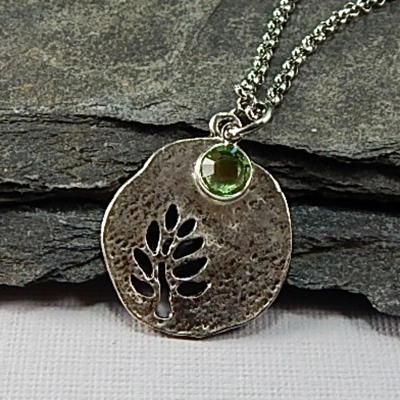 August birthstone leaf pendant necklace - handmade silver leaf cutout with peridot crystal charm - Thumbnail 2