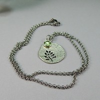 August Birthstone Leaf Pendant Necklace - Handmade Silver Leaf Cutout with Peridot Crystal Charm - Thumbnail 1