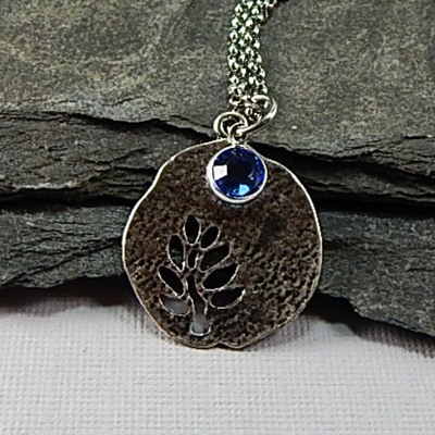 September birthstone leaf pendant necklace - handmade silver leaf cutout with sapphire crystal charm - Thumbnail 1