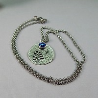 September Birthstone Leaf Pendant Necklace - Handmade Silver Leaf Cutout with Sapphire Crystal Charm - Thumbnail 1