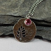 October Birthstone Leaf Pendant Necklace - Handmade Silver Leaf Cutout with Pink Tourmaline Crystal Charm - Thumbnail 1