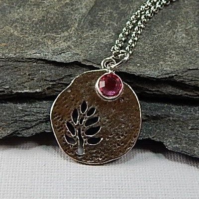 October birthstone leaf pendant necklace - handmade silver leaf cutout with pink tourmaline crystal charm