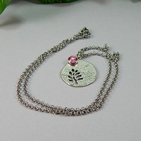 October Birthstone Leaf Pendant Necklace - Handmade Silver Leaf Cutout with Pink Tourmaline Crystal Charm - Thumbnail 1