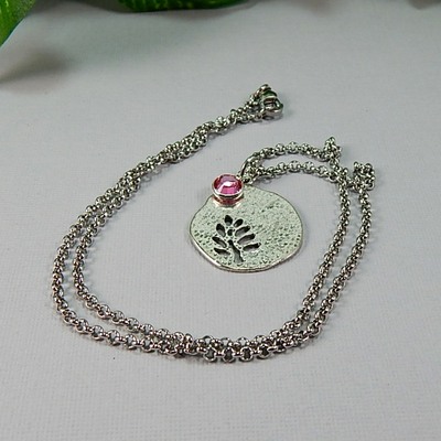 October birthstone leaf pendant necklace - handmade silver leaf cutout with pink tourmaline crystal charm