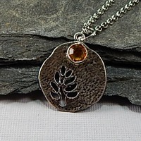 November Birthstone Leaf Pendant Necklace - Handmade Silver Leaf Cutout with Topaz Crystal Charm - Thumbnail 1