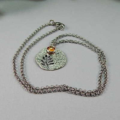 November birthstone leaf pendant necklace - handmade silver leaf cutout with topaz crystal charm