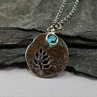 December Birthstone Leaf Pendant Necklace - Handmade Silver Leaf Cutout with Blue Zircon Crystal Charm - Thumbnail 1