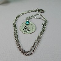 December Birthstone Leaf Pendant Necklace - Handmade Silver Leaf Cutout with Blue Zircon Crystal Charm - Thumbnail 1