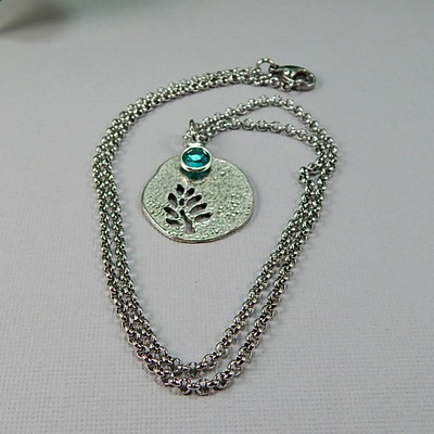 December birthstone leaf pendant necklace - handmade silver leaf cutout with blue zircon crystal charm