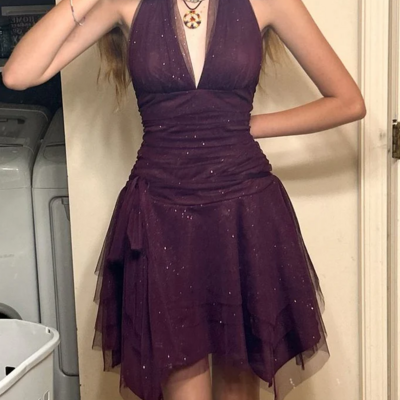 A line v neck tulle short grape homecoming dress