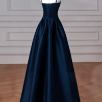 Simple A-Line Dark Blue Satin Long Prom Dresses - Thumbnail 1