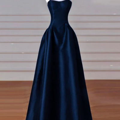 Simple a-line dark blue satin long prom dresses
