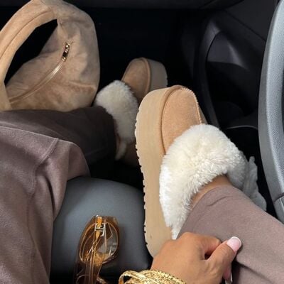Fur slides sheepskin suede  mules - chestnut