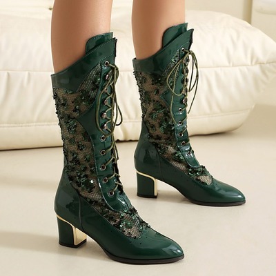 New frosted color matching side zipper low square heel women's boots