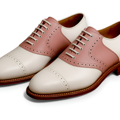 Crafted leather mens pink white leather lace up saddle golf shoes