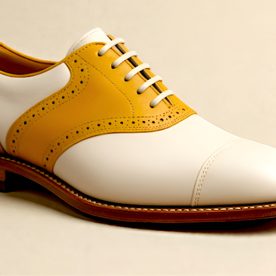 Crafted leather mens yellow white leather lace up saddle golf shoes