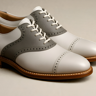 Crafted leather mens gray white leather lace up saddle golf shoes