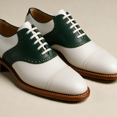 Crafted leather mens green white leather lace up saddle golf shoes