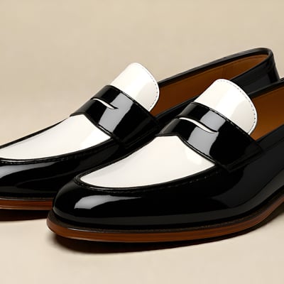 Crafted leather mens black white patent leather moccasin loafers dress shoes