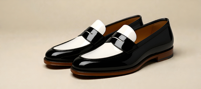 Crafted Leather Mens Black White Patent Leather Moccasin Loafers Dress Shoes