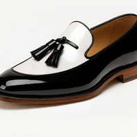 Crafted Leather Mens Black White Patent Leather Tassel Loafers Dress Shoes - Thumbnail 1