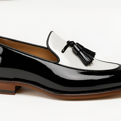 Crafted leather mens black white patent leather tassel loafers dress shoes